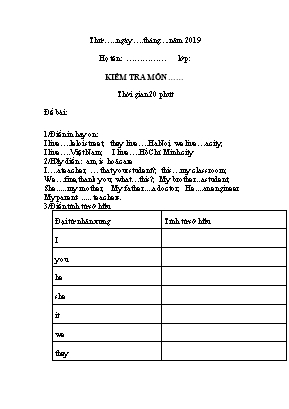 Đề kiểm tra 15 phút môn Tiếng Anh Lớp 7 - Năm học 2019-2020